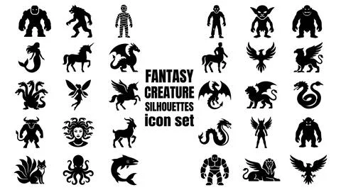 Fantasy creature silhouette collection mythical beast icon set design elements Stock Illustration