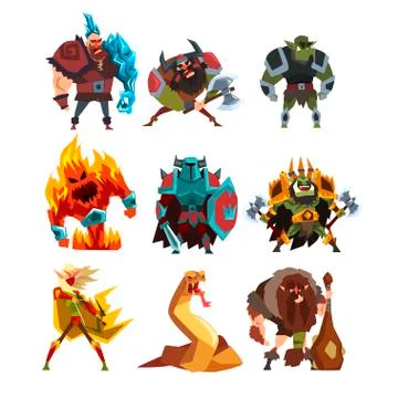 Fantasy creatures and humans. Orc, warrior in armor, fire monster, snake, viking Illustrazione stock