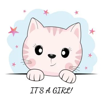 Fantasy cute cat face isolated on blue background. its a girl slogan. Stock Illustration
