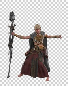 Fantasy dark magic necromancer warlock or witch doctor wielding a sceptre m.. Illustrazione stock