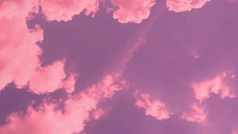 Fantasy Dawn Lilac Blue Sky Plump Pink Clouds in Sun Rays Sunlight, Air plane Wi Stock Footage 332216629