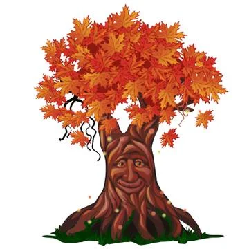 Fantasy deciduous tree with face in the fall isolated on white background Illustrazione stock