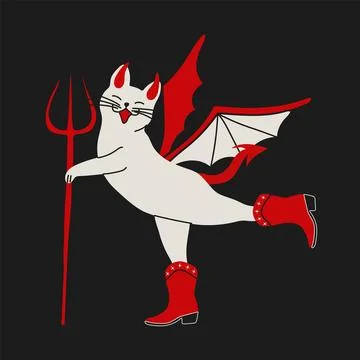 Fantasy Demon Cat in Red Boots Holding Trident Illustrazione stock