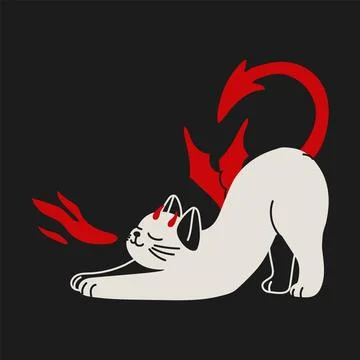 Fantasy Devil Cat with Horns and Tail Artwork Stock Illustration