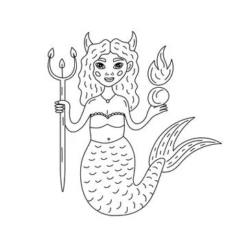 Fantasy devil mermaid girl with trident and fire illustration Stock Illustration