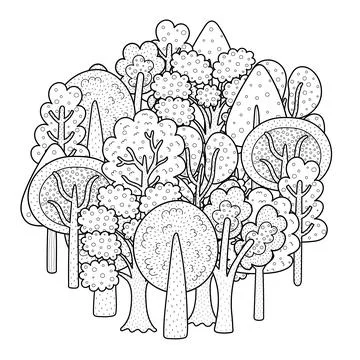 Fantasy doodle forest circle shape coloring page. Hand drawn mandala with trees Stock Illustration