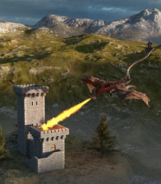 Fantasy dragon and medieval tower 3d illustration Stock Illustration