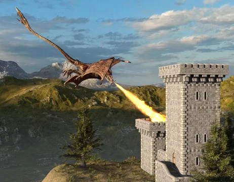 Fantasy dragon and medieval tower 3d illustration Stock Illustration