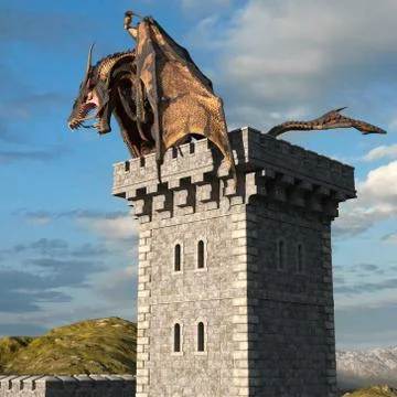 Fantasy dragon and medieval tower 3d illustration Stock-Illustration