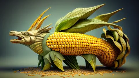 Fantasy dragon with corn on the cob. 3D illustration. Stock Illustration
