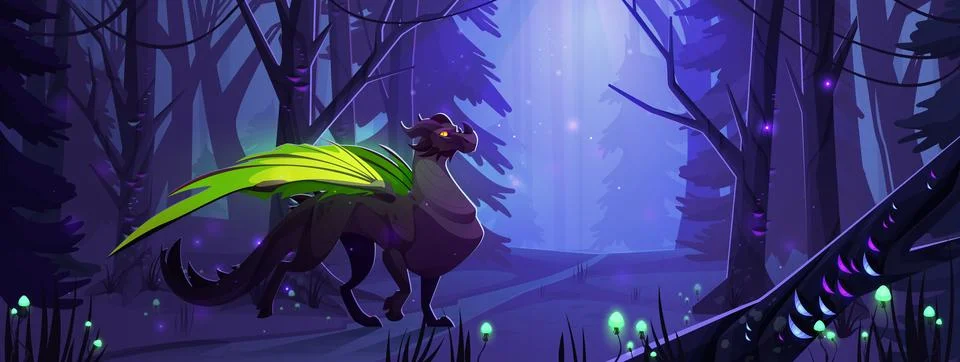 Fantasy dragon on path in magic forest background イラスト素材