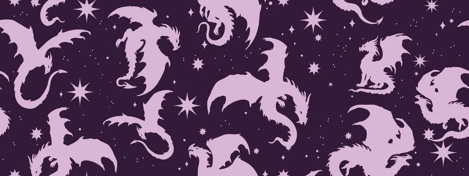 Fantasy dragon seamless pattern, magic flying creature repeat background Illustrazione stock