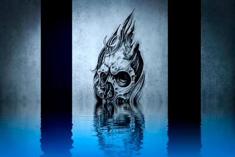 Fantasy drawing of a devil dirty blue background, with reflections on the wat イラスト素材