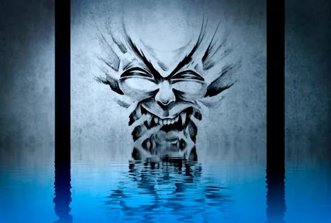 Fantasy drawing of a devil dirty blue background, with reflections on the wat Stock Illustration