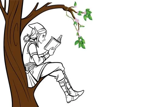 Fantasy elf character reading book while sitting high on tree branch with v.. Stock Illustration