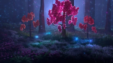 Fantasy fireflies at pink trees in dense forest Stock Footage 339062824