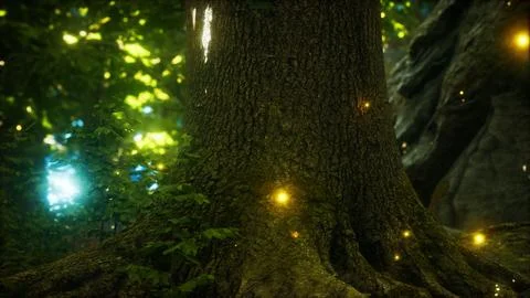 Fantasy firefly lights in the magical forest Stock Illustration