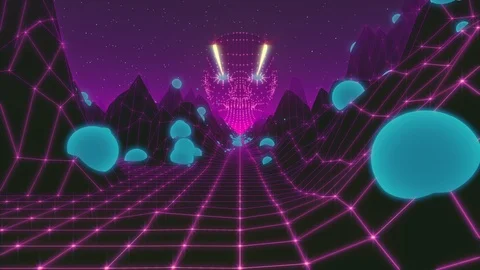 Fantasy flight through VJ 80's meshy scene with giant head. Stock Footage 86918328