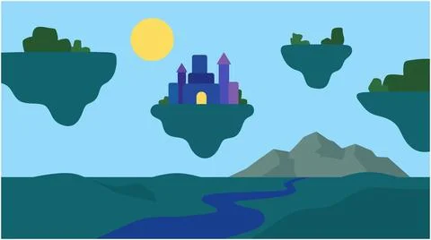 Fantasy floating islands with a central castle and winding river landscape Stockillustratie