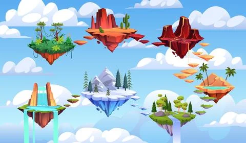 Fantasy floating islands. World with connected biomes, stylized game landscape Stock Illustration