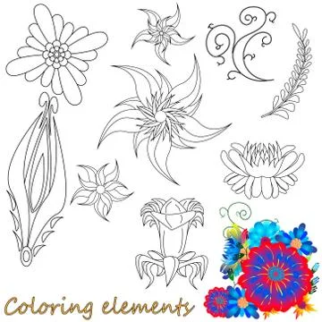 Fantasy flower elements illustration set on white isolated. Vector image. Col Illustrazione stock
