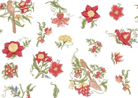 Fantasy flowers in retro, vintage, jacobean embroidery style. Illustrazione stock