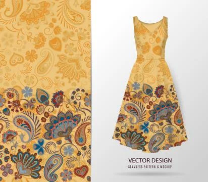 Fantasy flowers seamless paisley pattern on dress mockup. Wrapping print. Floral Stock Illustration