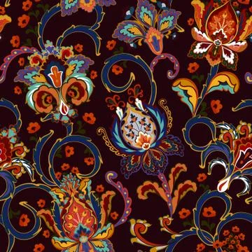 Fantasy flowers seamless paisley pattern. Floral ornament, for fabric, textil イラスト素材