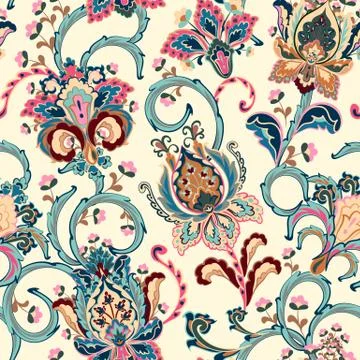 Fantasy flowers seamless paisley pattern. Floral ornament, for fabric, textil イラスト素材