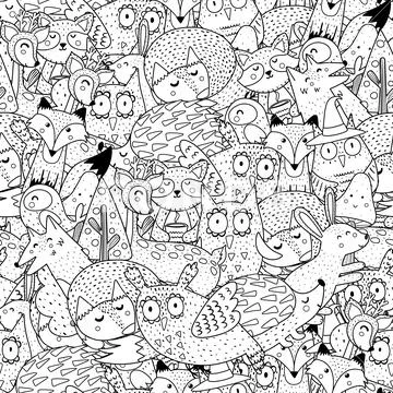 Fantasy Forest Animals Black And White Seamless Pattern