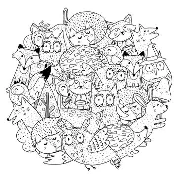 Fantasy forest animals circle shape coloring page. Black and white print Stock Illustration