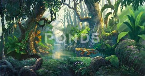 Fantasy forest background illustration painting Stock Illustration
