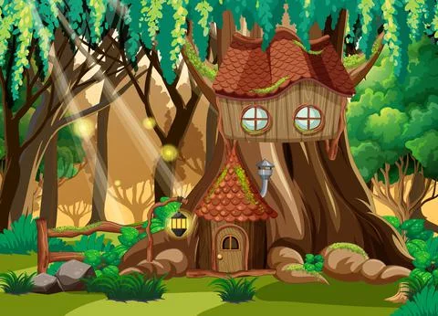 Fantasy forest background with tree house Stock Illustration
