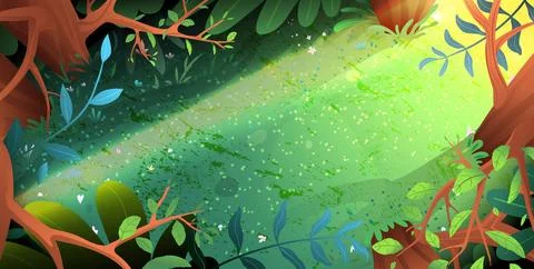 Fantasy Forest Lawn and Magic Sunlight in Woodland Stock Illustration