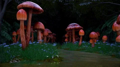 Fantasy forest pathway surrounded by tall mushrooms and glowing flowers creating Foto stock