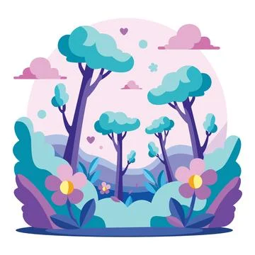 Fantasy forest scene with trees, bushes, and flowers against a pastel sky Stock Illustration