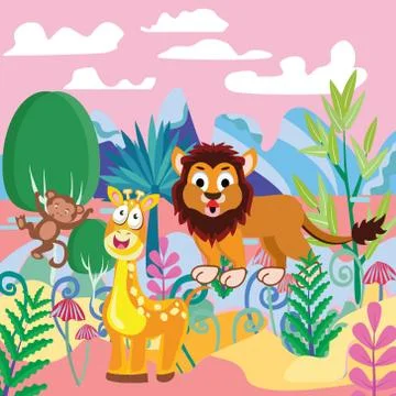 Fantasy forest template with trees, animals, mountain. Stock Illustration