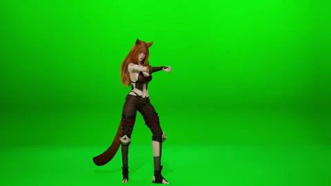 Fantasy Fox Girl with Tail Dynamic Dance on Green Screen Stock Footage 320522100