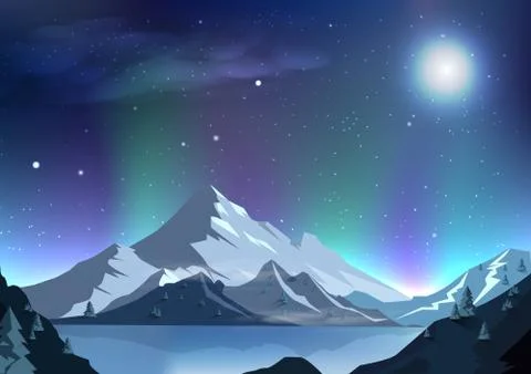 Fantasy full moon abstract background, mountain aurora night scene magic planet Stock Illustration