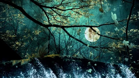 Fantasy Full Moon Night in the middle of forest and waterfall Stock Footage 253279482