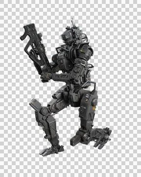 Fantasy future cyberpunk droid robot loading a submachine gun. 3D rendering.. Stock Illustration