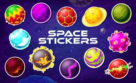 Fantasy galaxy alien space planets stickers pack Stock Illustration