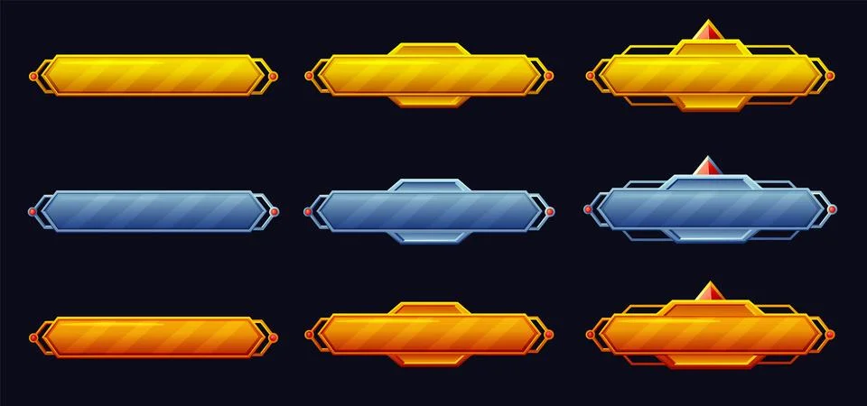 Fantasy game button, ui frame. Ancient metal, gold title, gui sign, decorat.. Stock Illustration