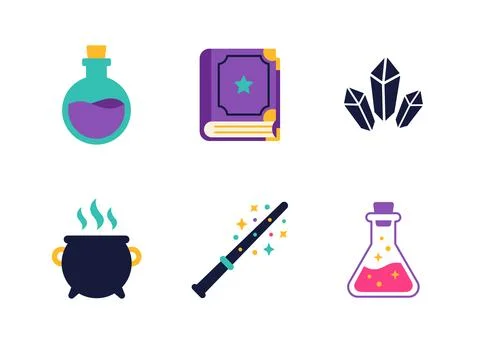 Fantasy game icon set with potions spell book wand and crystals Stock-Illustration