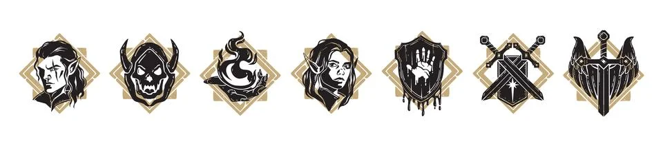 Fantasy game icon, vector UI RPG badge set, hand drawn magic weapon silhouette Stock Illustration