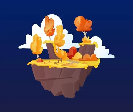 Fantasy game level platform, floating autumn forest land island in the sky Illustrazione stock