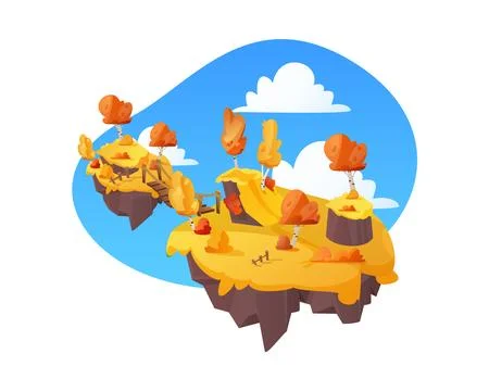 Fantasy game two level platforms with bridge, floating autumn forest land island Illustrazione stock