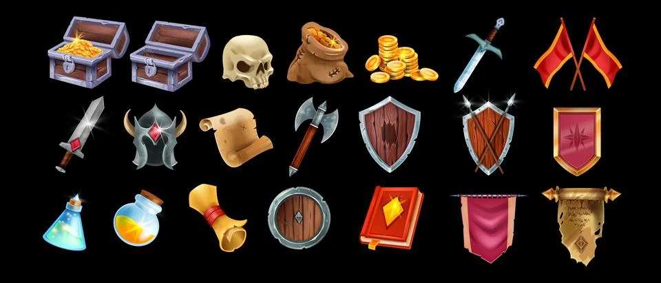 Fantasy game vector icon set, medieval UI game badge, wooden warrior shield Illustrazione stock