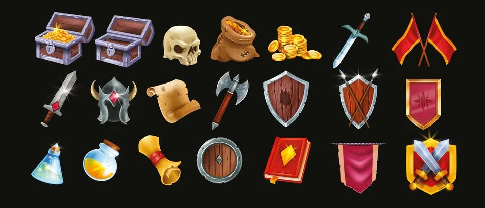 Fantasy game vector icon set, wooden warrior shield, full gold chest, potion イラスト素材
