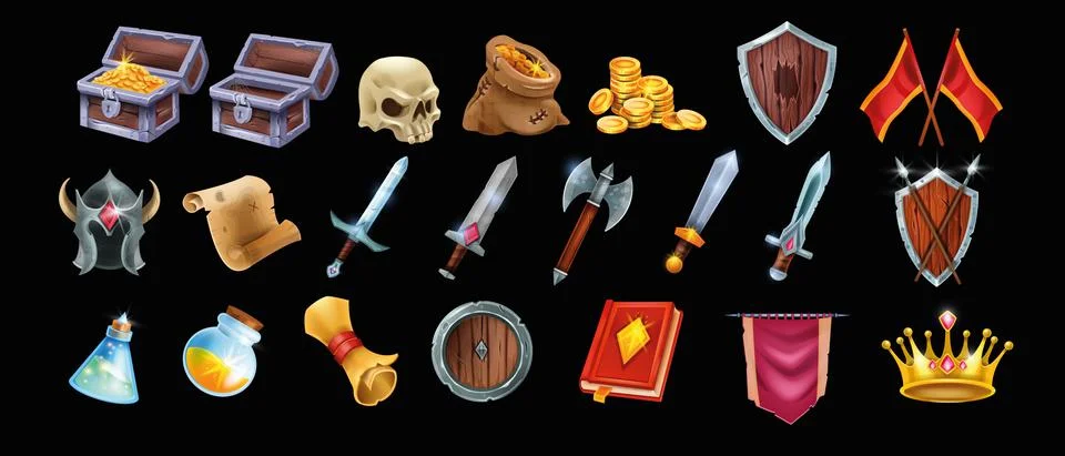 Fantasy game vector icon set, wooden warrior shield, medieval UI game badge Illustrazione stock